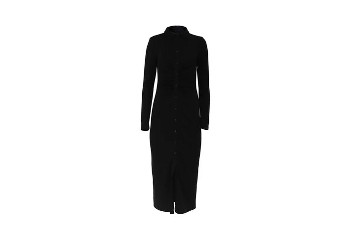 The Reunion Dress — Black Ruched Shirt Dress