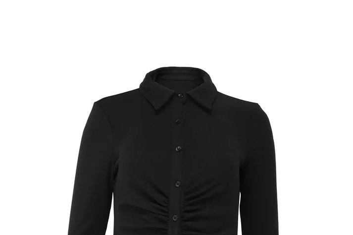 The Reunion Dress — Black Ruched Shirt Dress
