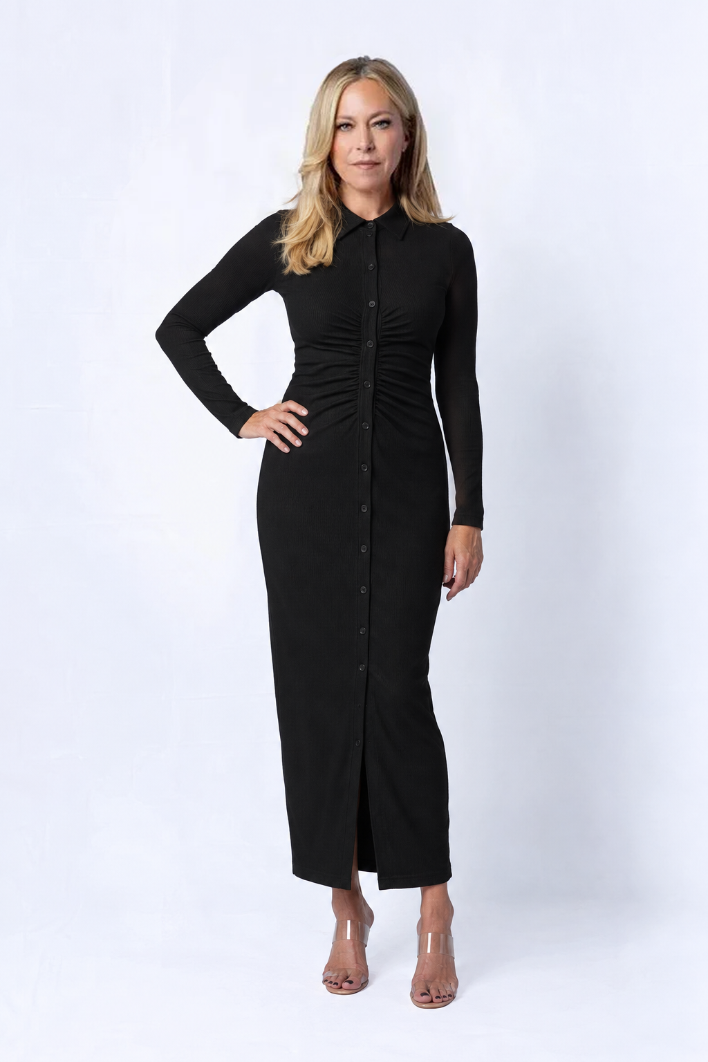 The Reunion Dress — Black Ruched Shirt Dress